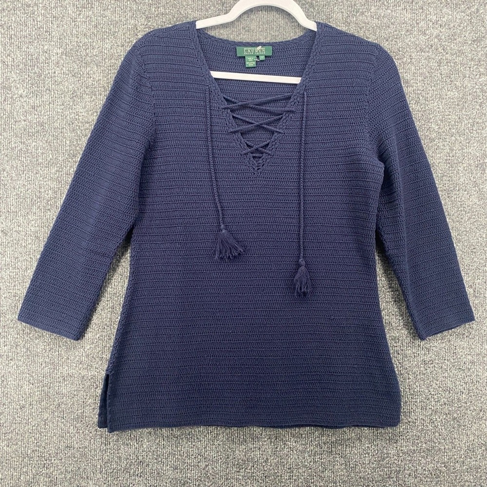 Lauren Ralph Sweater Womens S Blue Handknitted V-Neck Quiet‎ Luxury Nautical